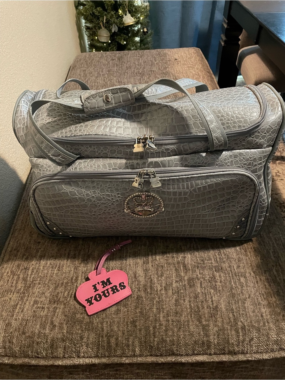 Kathy Van Zeeland Gray Croc-Embossed Duffel Bag